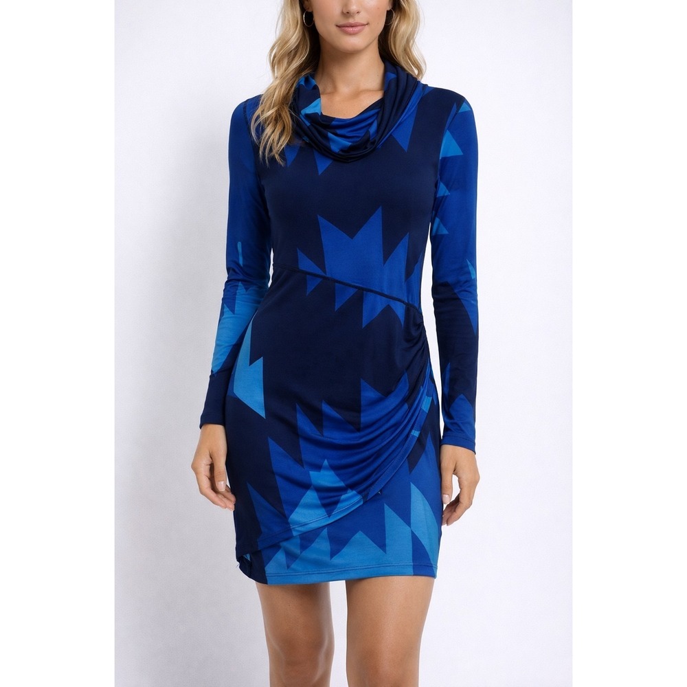 Analili Cowl Neck Sheath Dress Women Sz M Navy Blue Geometric Ruched Long Sleeve